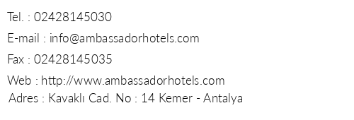 Ambassador Plaza Hotel telefon numaralar, faks, e-mail, posta adresi ve iletiim bilgileri